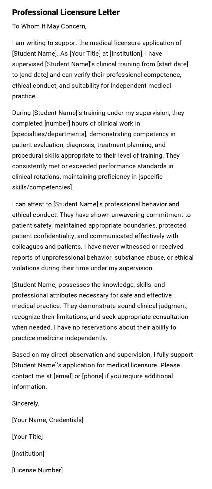 Professional Licensure Letter Professional Licensure Letter