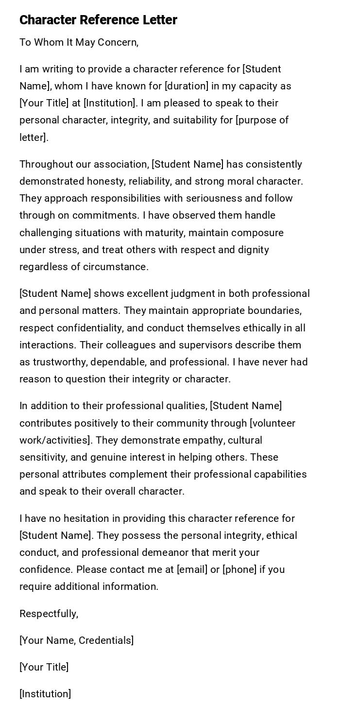 Character Reference Letter Character Reference Letter