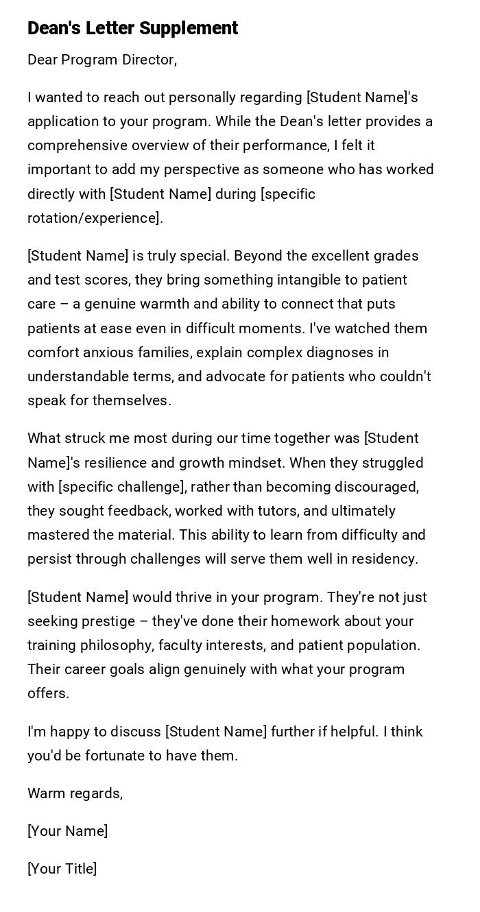 Dean's Letter Supplement Dean's Letter Supplement