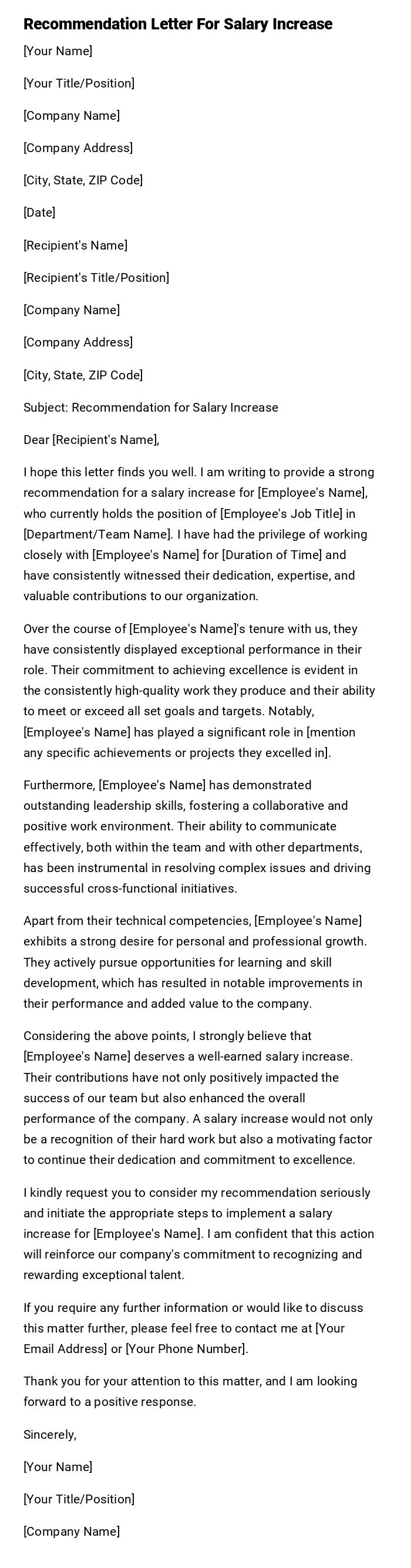 Sample Letter Of Recommendation For A Salary Increase