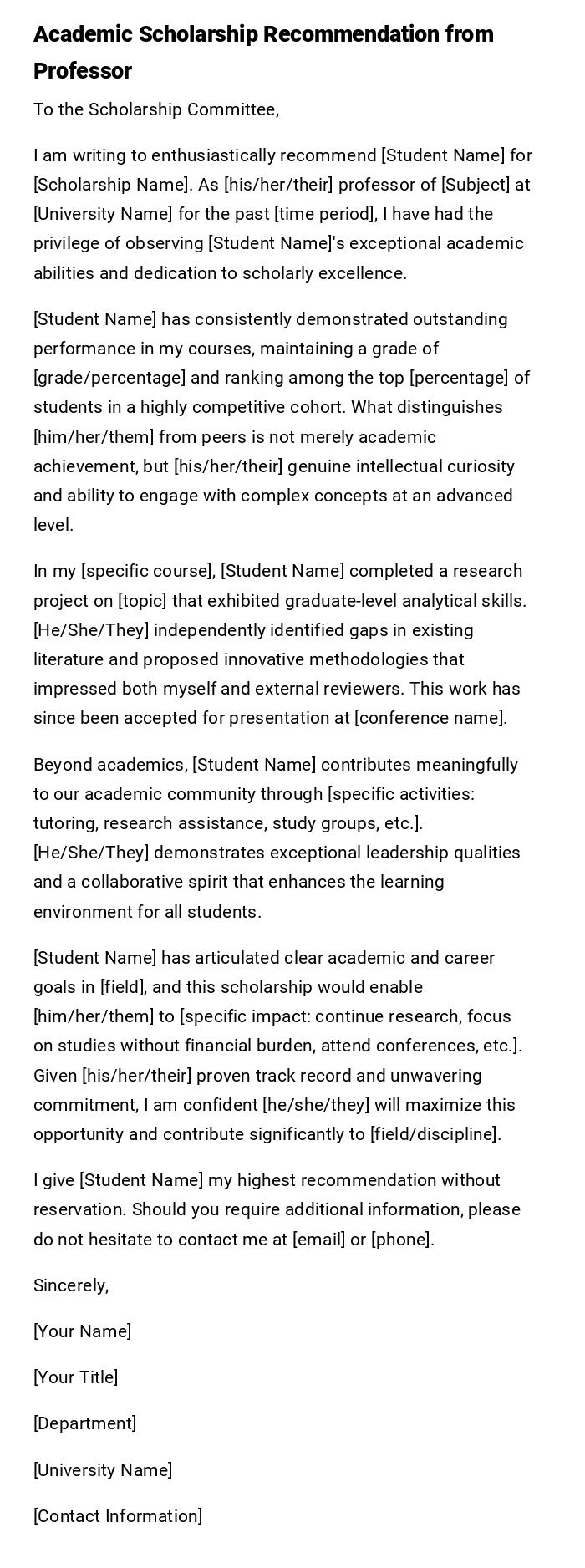 Academic Scholarship Recommendation from Professor Academic Scholarship Recommendation from Professor