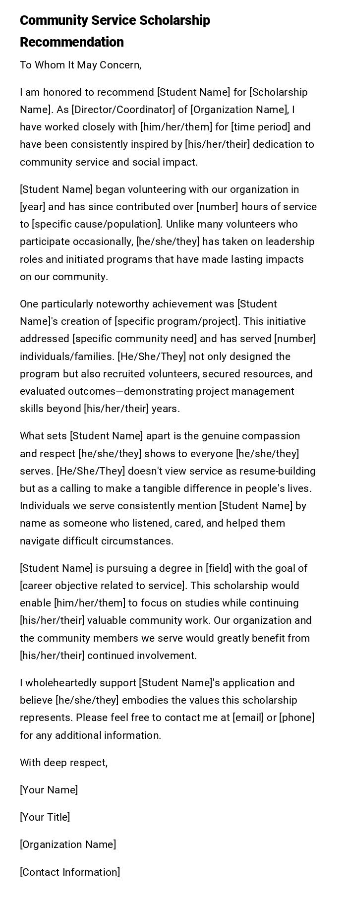 Community Service Scholarship Recommendation Community Service Scholarship Recommendation
