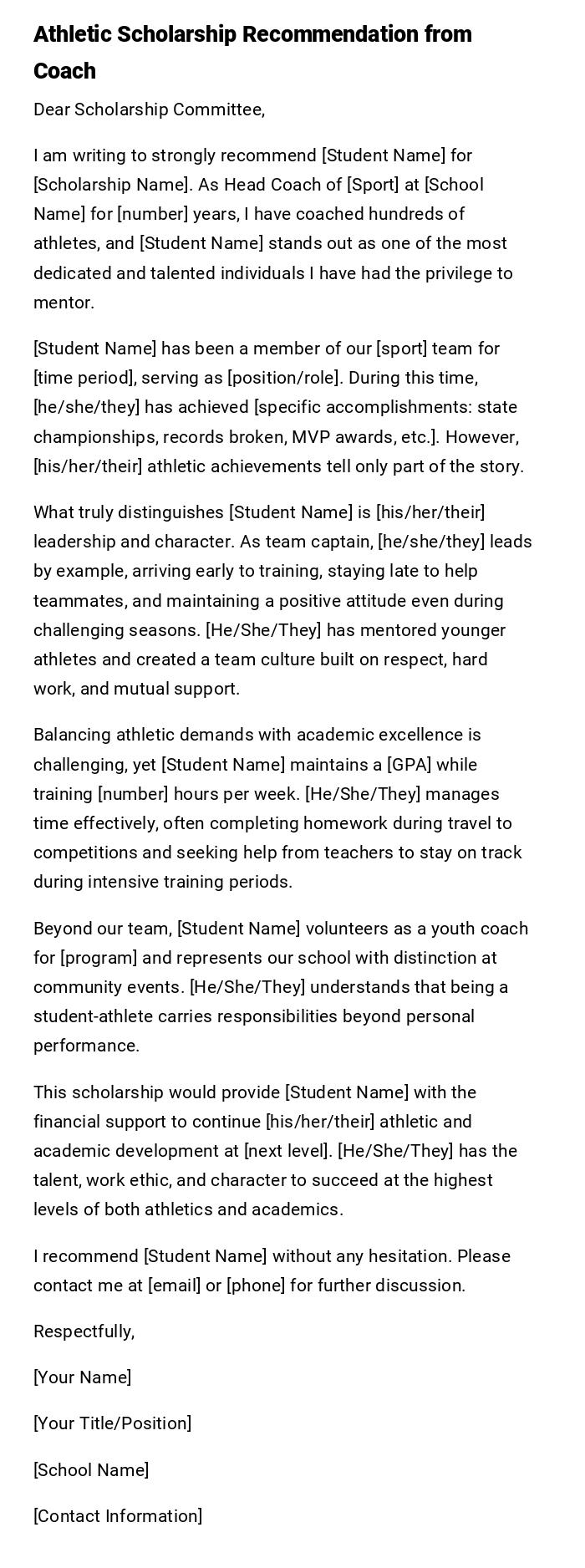 Athletic Scholarship Recommendation from Coach Athletic Scholarship Recommendation from Coach