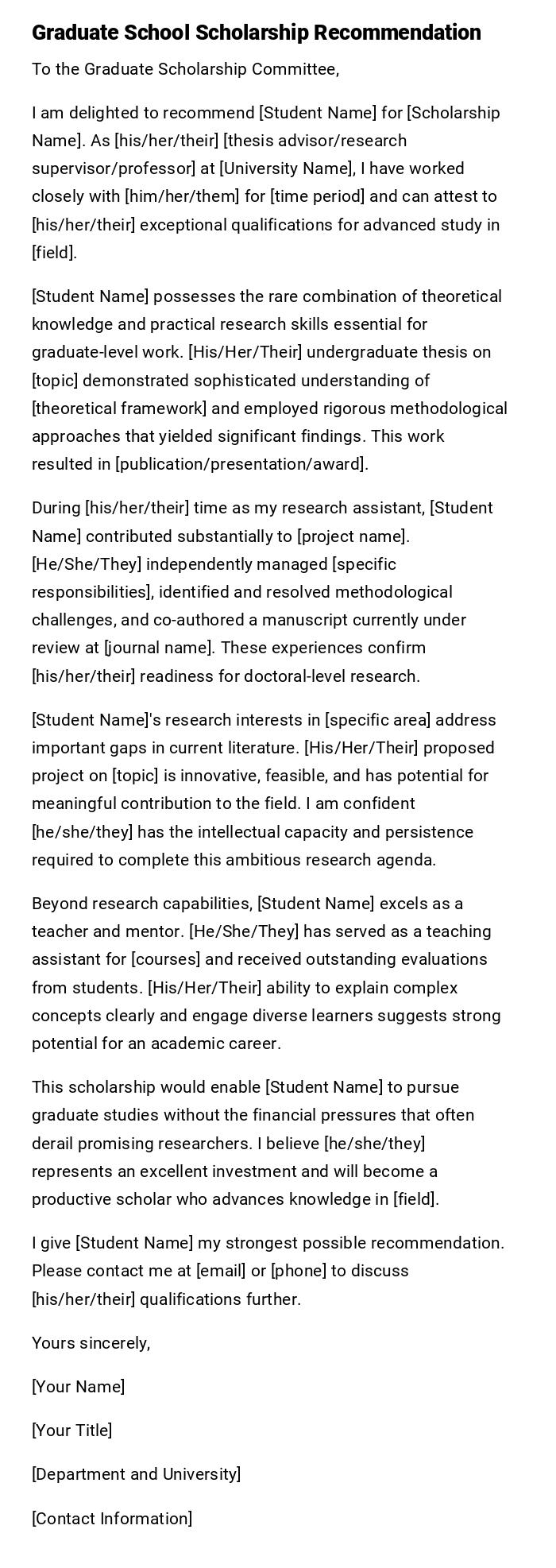 Graduate School Scholarship Recommendation Graduate School Scholarship Recommendation