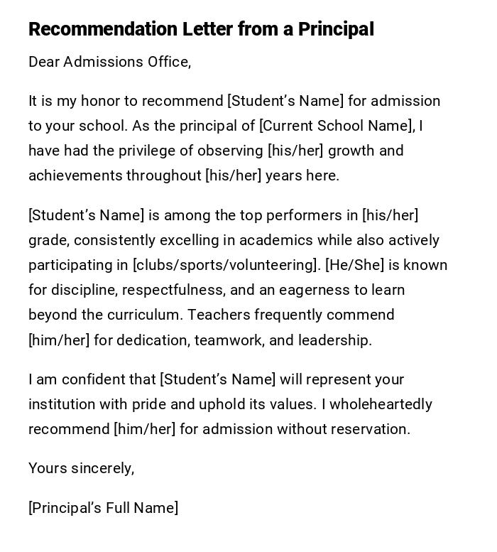 Recommendation Letter from a Principal Recommendation Letter from a Principal