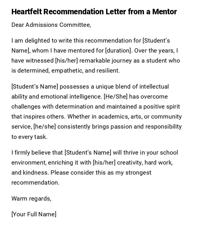 Heartfelt Recommendation Letter from a Mentor Heartfelt Recommendation Letter from a Mentor
