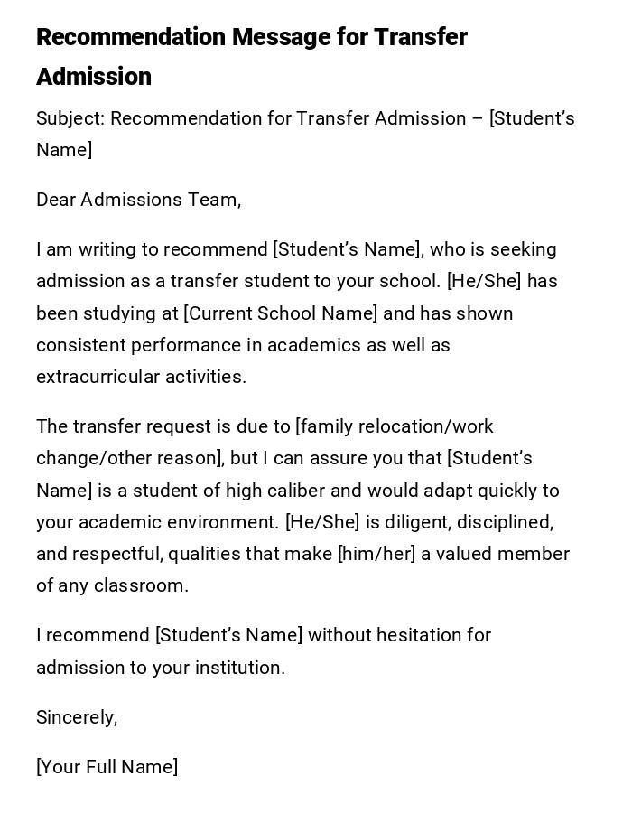 Recommendation Message for Transfer Admission Recommendation Message for Transfer Admission
