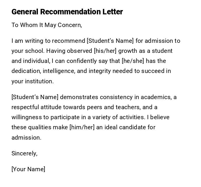 General Recommendation Letter General Recommendation Letter