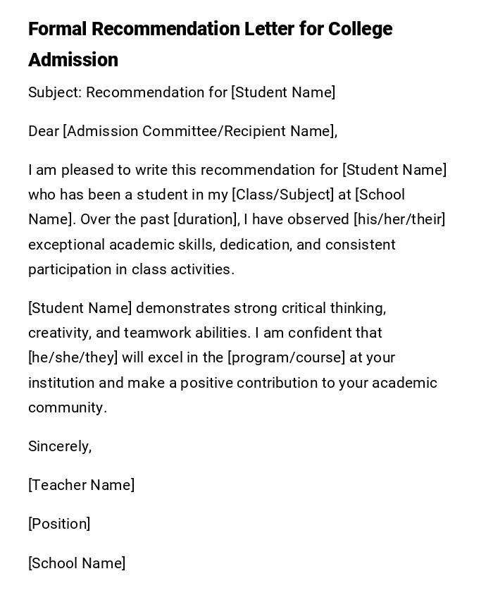 Formal Recommendation Letter for College Admission Formal Recommendation Letter for College Admission