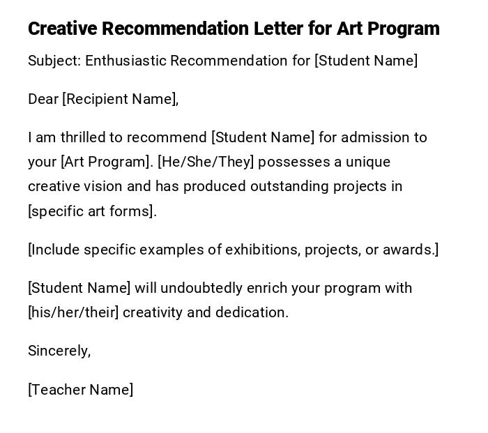 Creative Recommendation Letter for Art Program Creative Recommendation Letter for Art Program
