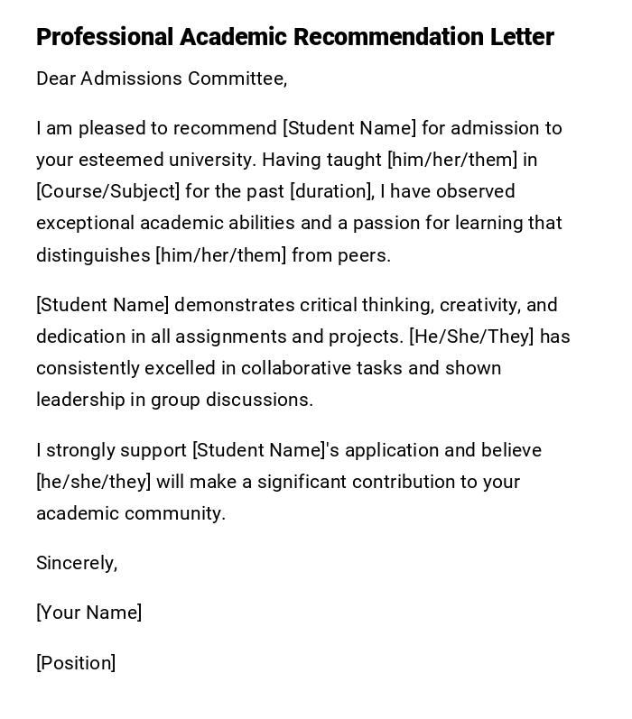Professional Academic Recommendation Letter