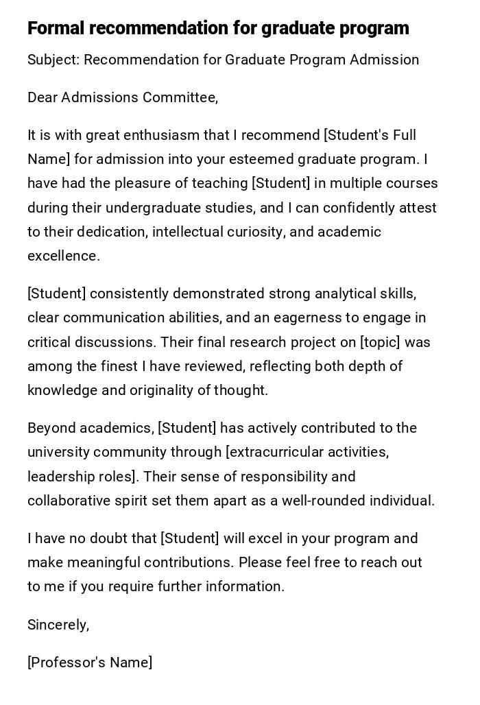 Formal recommendation for graduate program