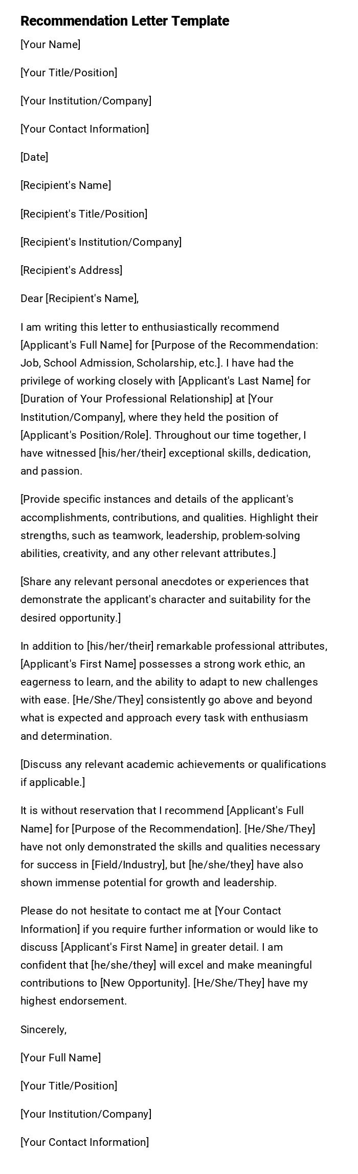 Recommendation Letter Template Recommendation Letter Template