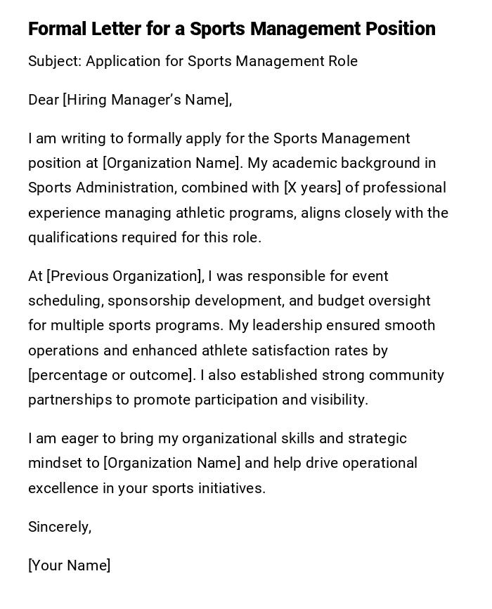 Formal Letter for a Sports Management Position Formal Letter for a Sports Management Position