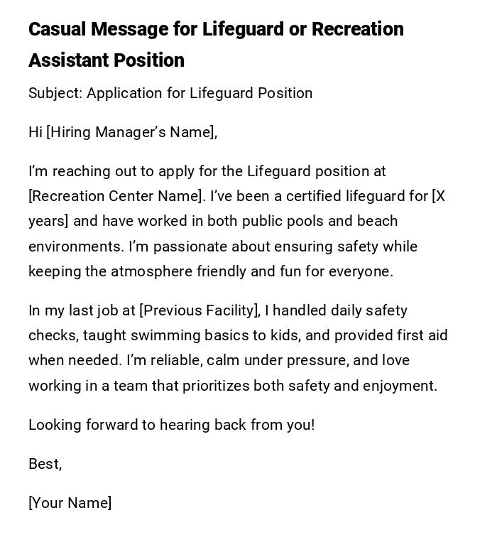 Casual Message for Lifeguard or Recreation Assistant Position Casual Message for Lifeguard or Recreation Assistant Position
