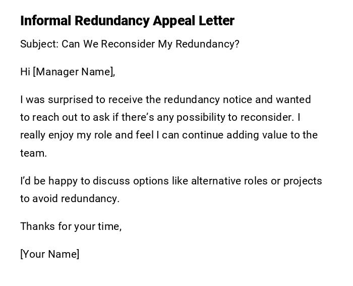 Informal Redundancy Appeal Letter Informal Redundancy Appeal Letter