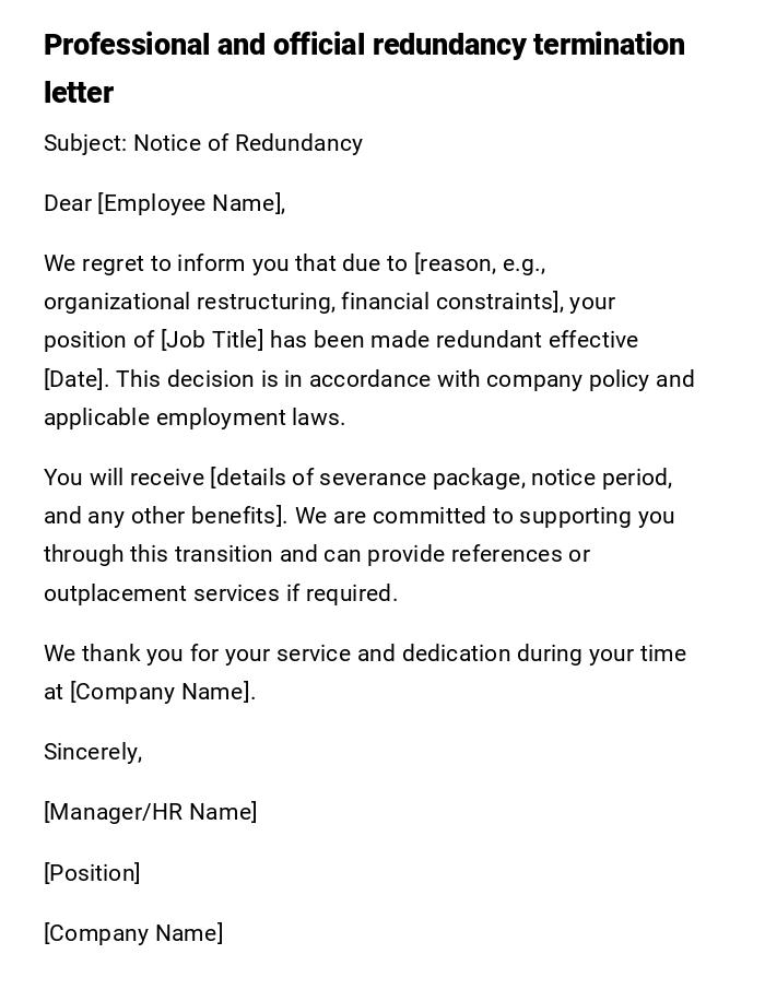 Professional and official redundancy termination letter Professional and official redundancy termination letter