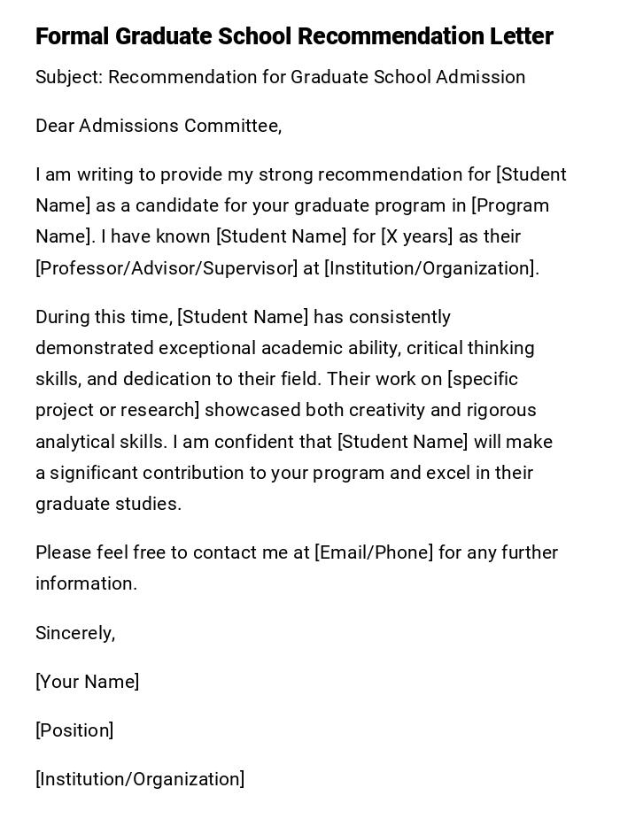 Formal Graduate School Recommendation Letter