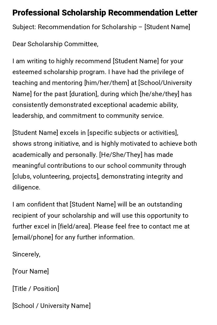 Professional Scholarship Recommendation Letter Professional Scholarship Recommendation Letter