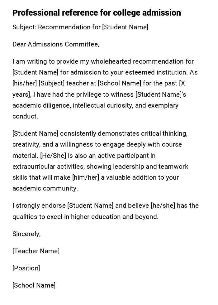 Professional reference for college admission Professional reference for college admission