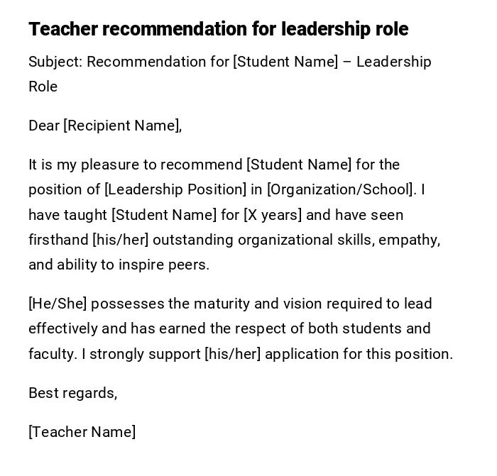 Teacher recommendation for leadership role Teacher recommendation for leadership role