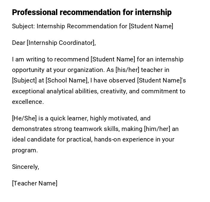 Professional recommendation for internship Professional recommendation for internship