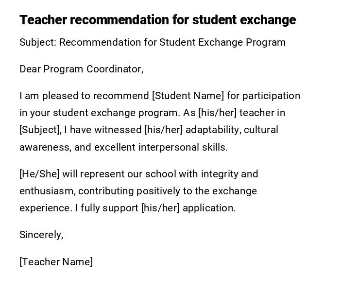 Teacher recommendation for student exchange Teacher recommendation for student exchange