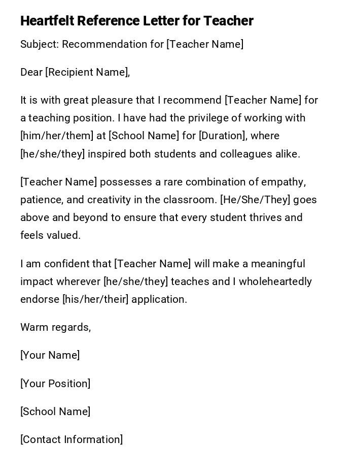 Heartfelt Reference Letter for Teacher Heartfelt Reference Letter for Teacher
