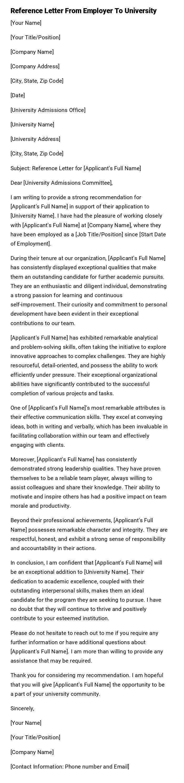 Reference Letter From Employer To University Reference Letter From Employer To University