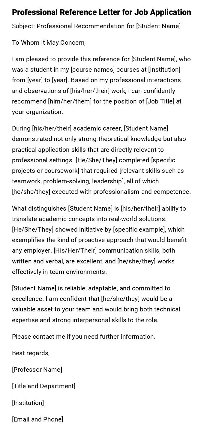 Professional Reference Letter for Job Application Professional Reference Letter for Job Application