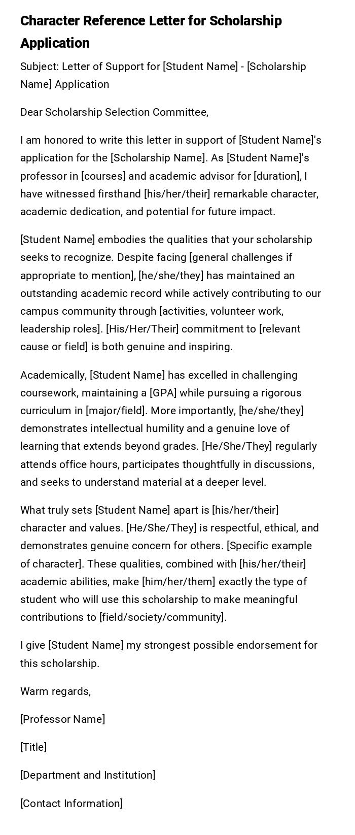 Character Reference Letter for Scholarship Application Character Reference Letter for Scholarship Application