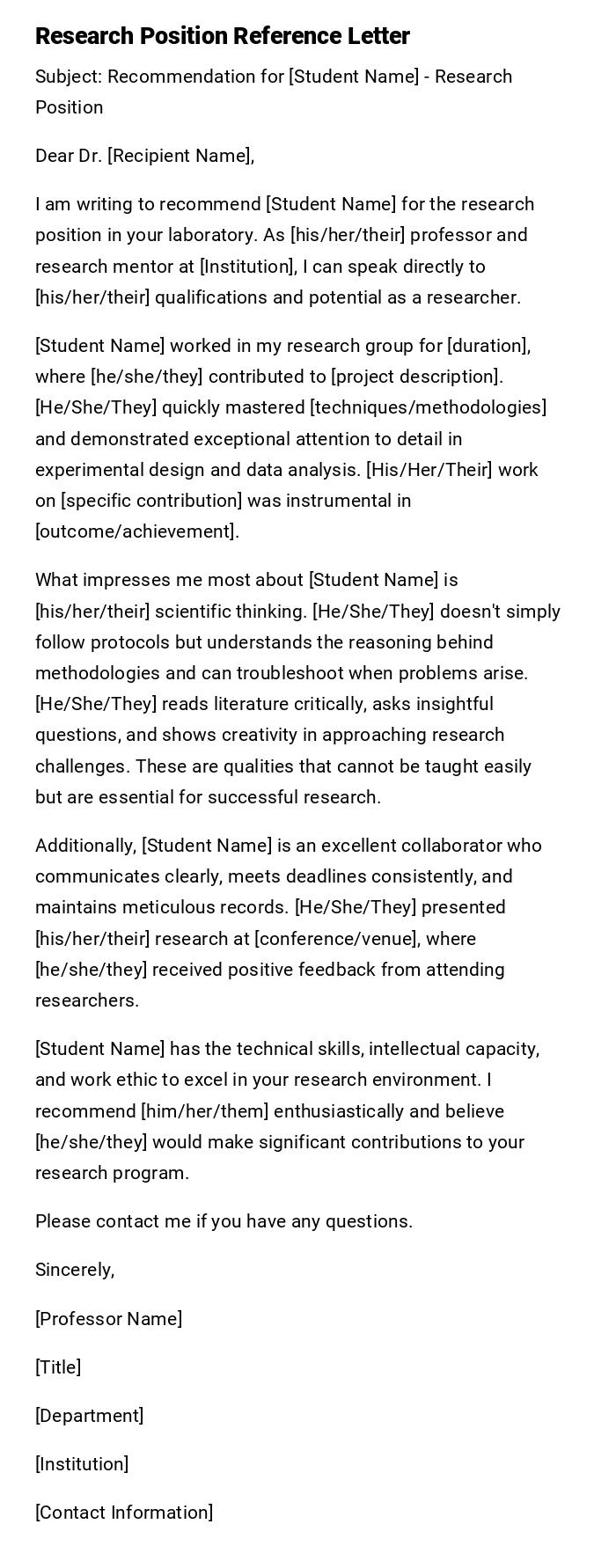 Research Position Reference Letter Research Position Reference Letter