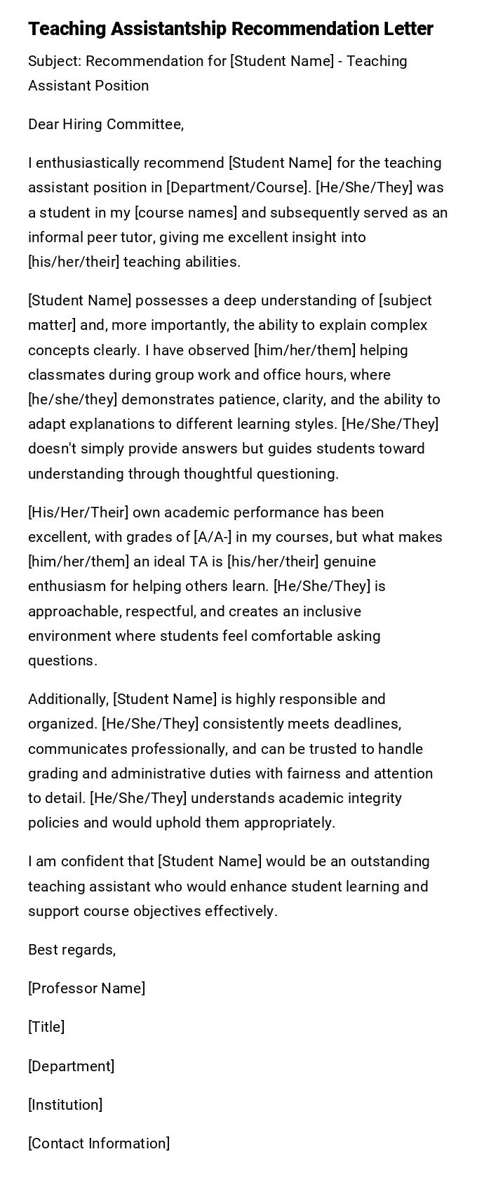 Teaching Assistantship Recommendation Letter Teaching Assistantship Recommendation Letter
