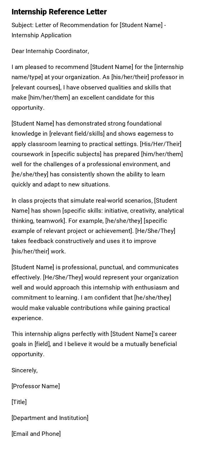 Internship Reference Letter Internship Reference Letter