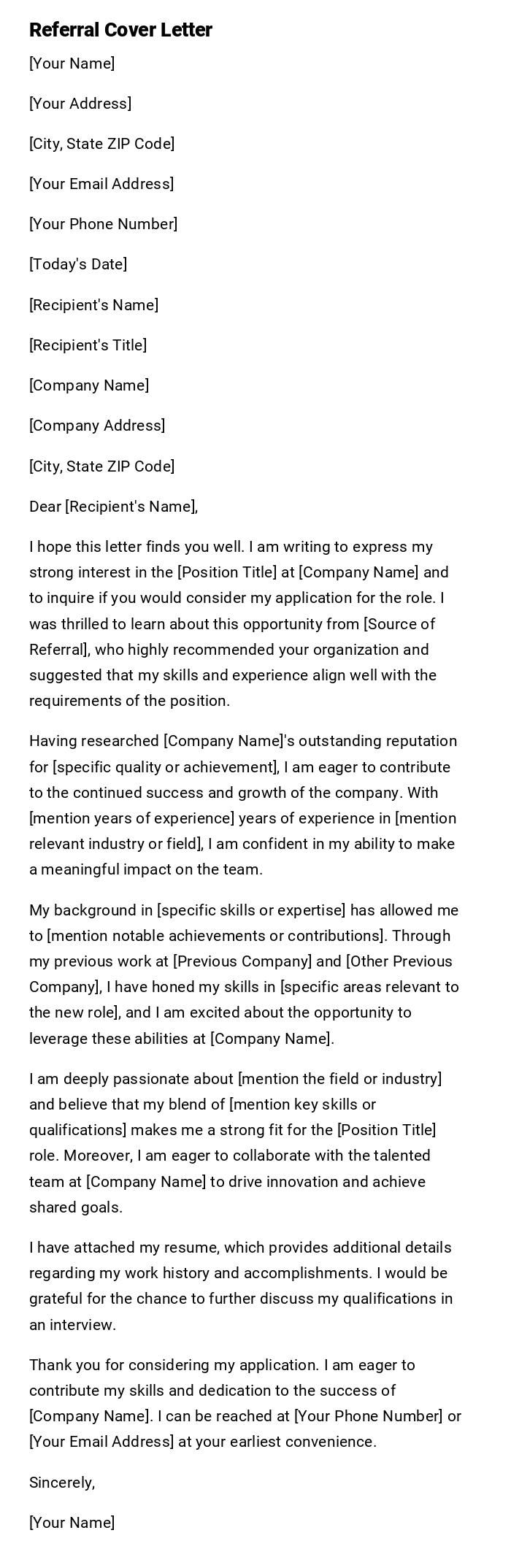 Referral Cover Letter