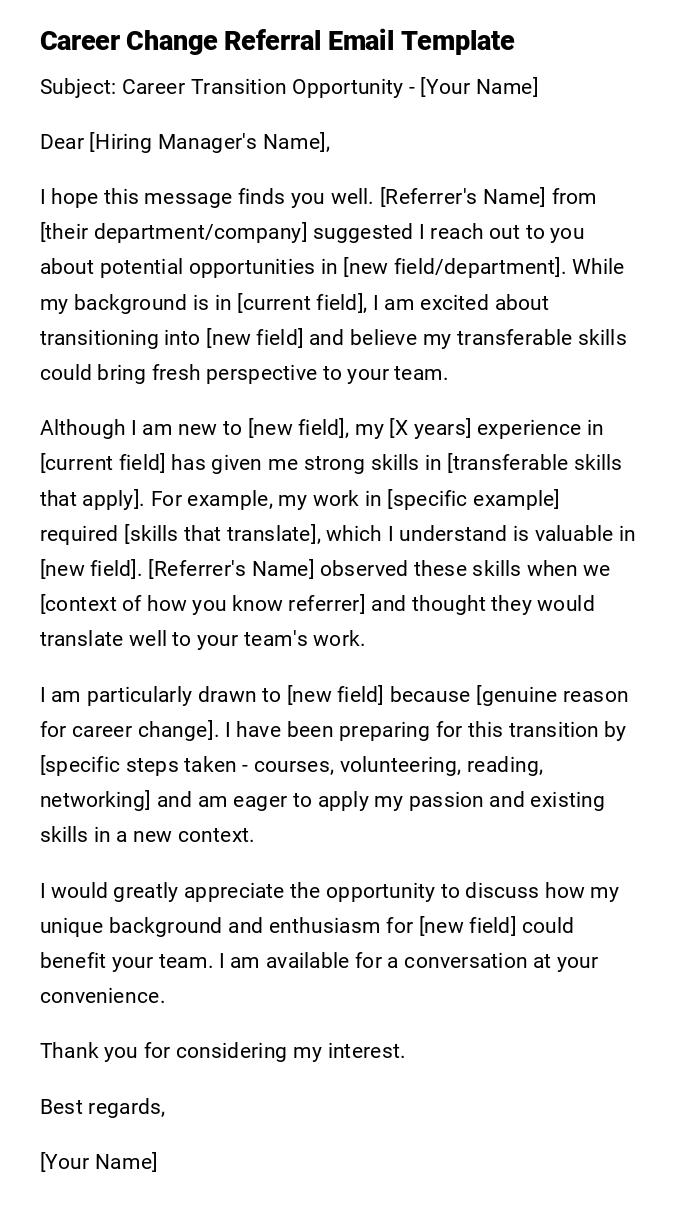 Career Change Referral Email Template Career Change Referral Email Template