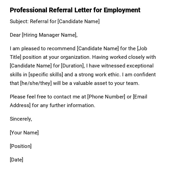 Professional Referral Letter for Employment Professional Referral Letter for Employment