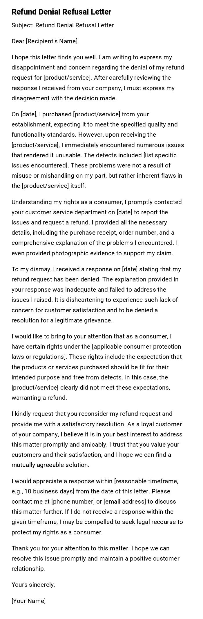 Refund Denial Refusal Letter