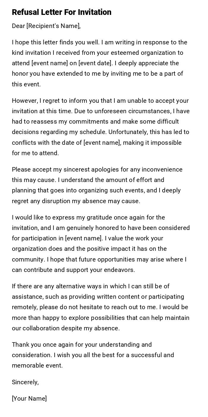 Refusal Letter For Invitation