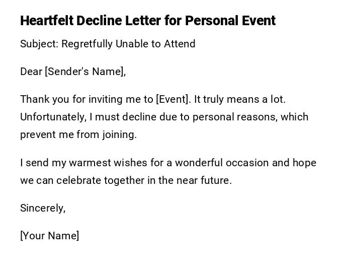 Heartfelt Decline Letter for Personal Event Heartfelt Decline Letter for Personal Event