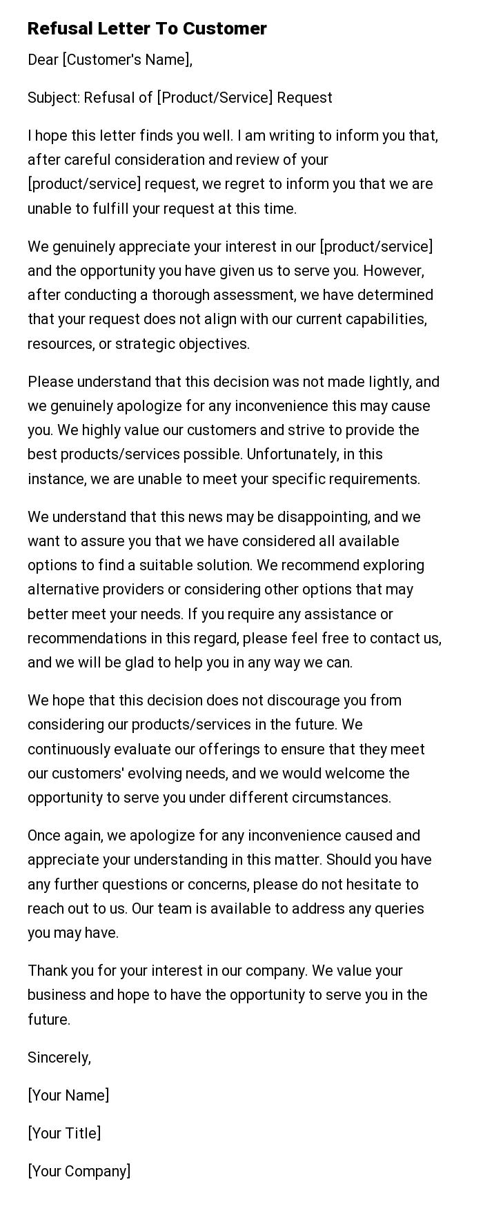 Refusal Letter To Customer