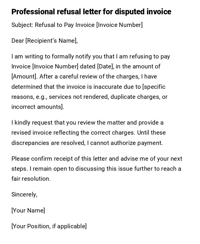 Professional refusal letter for disputed invoice Professional refusal letter for disputed invoice