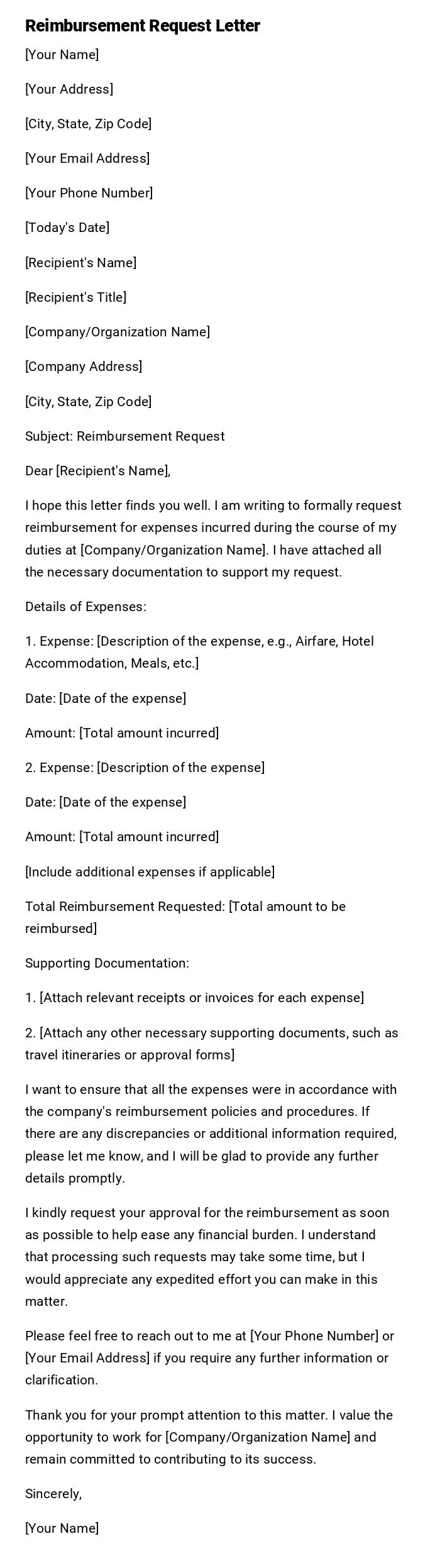 Reimbursement Request Letter