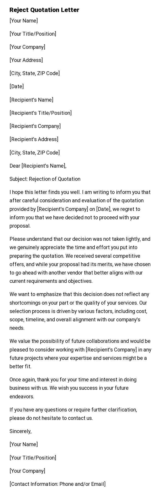 Reject Quotation Letter