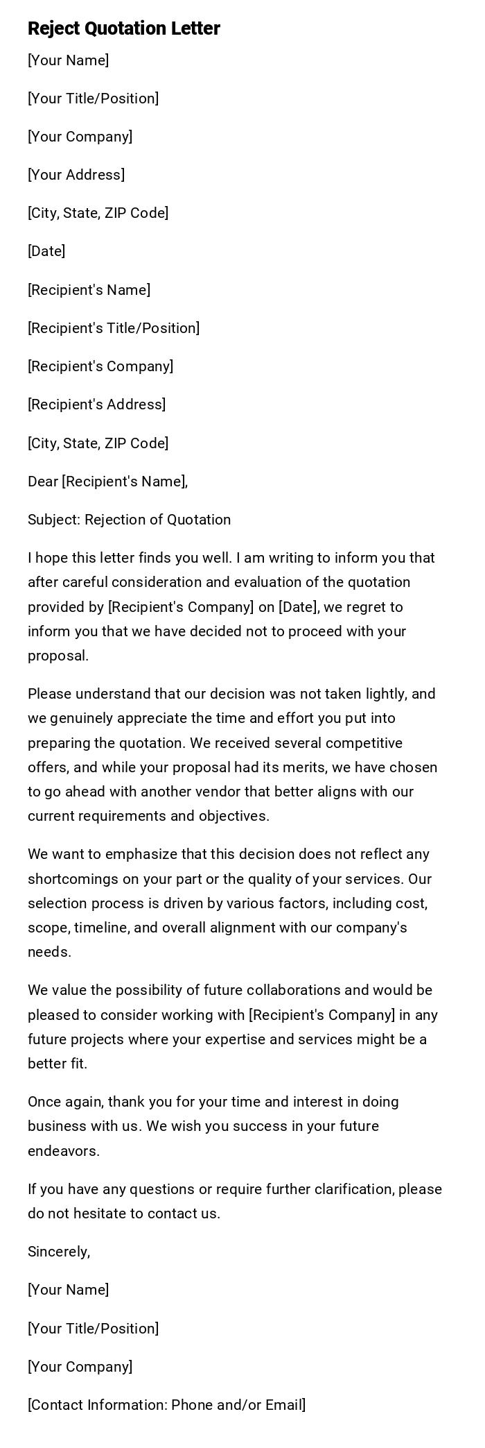 Reject Quotation Letter