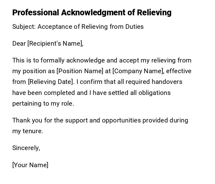 Professional Acknowledgment of Relieving Professional Acknowledgment of Relieving