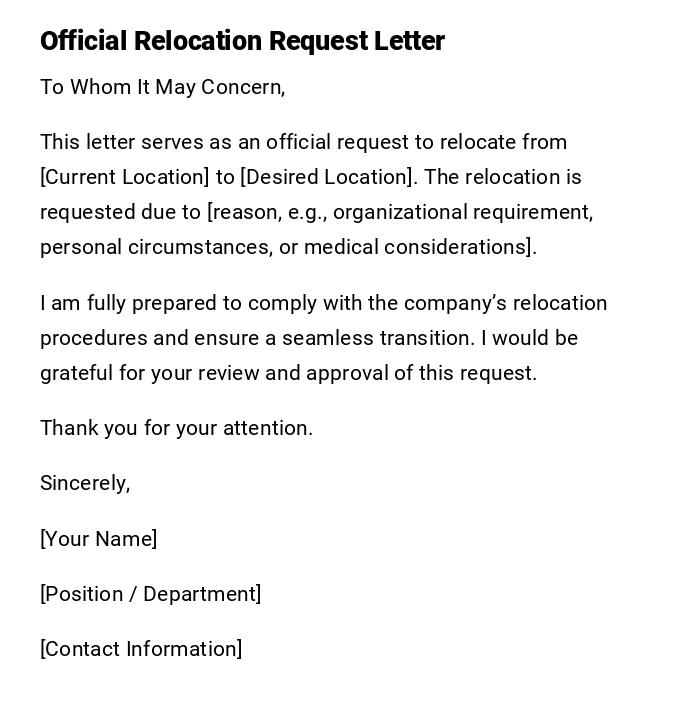Official Relocation Request Letter Official Relocation Request Letter