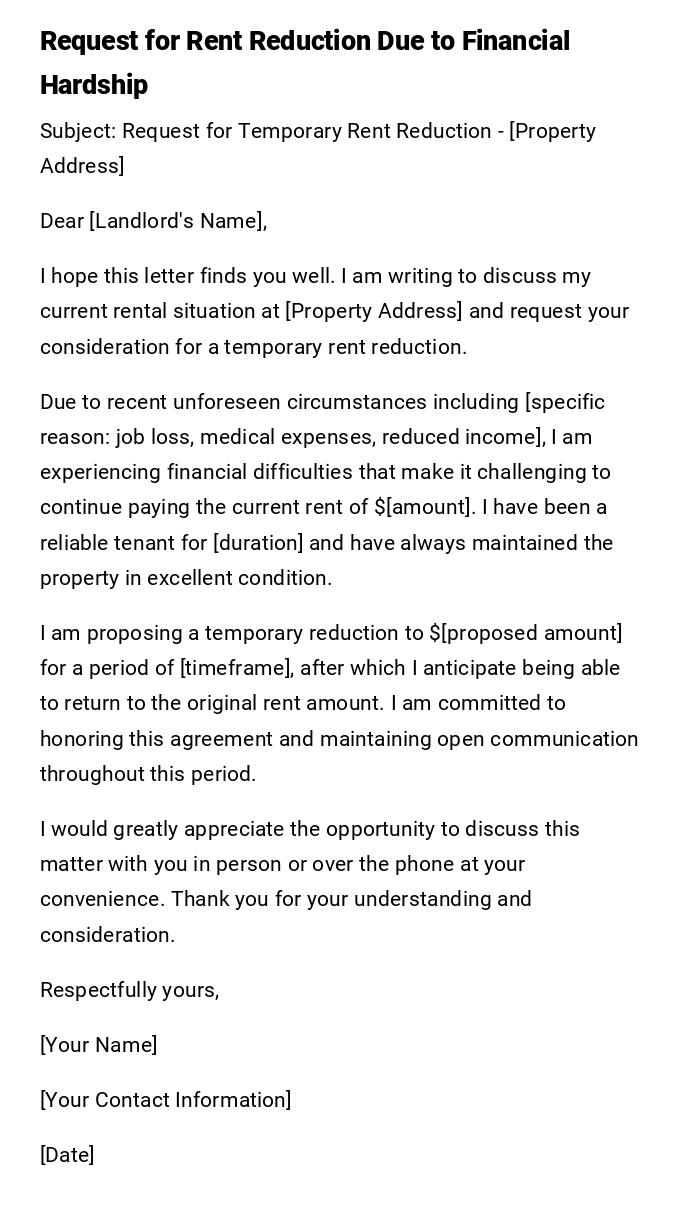 Request for Rent Reduction Due to Financial Hardship Request for Rent Reduction Due to Financial Hardship
