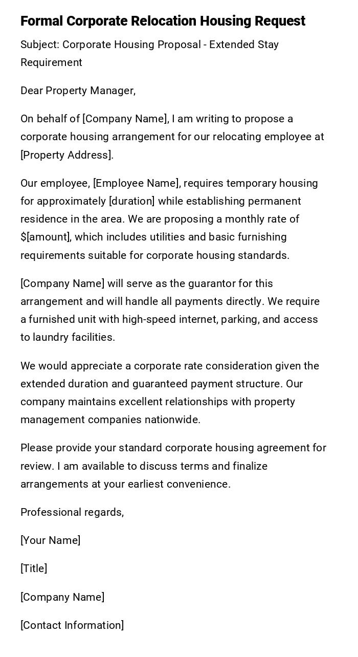 Formal Corporate Relocation Housing Request Formal Corporate Relocation Housing Request