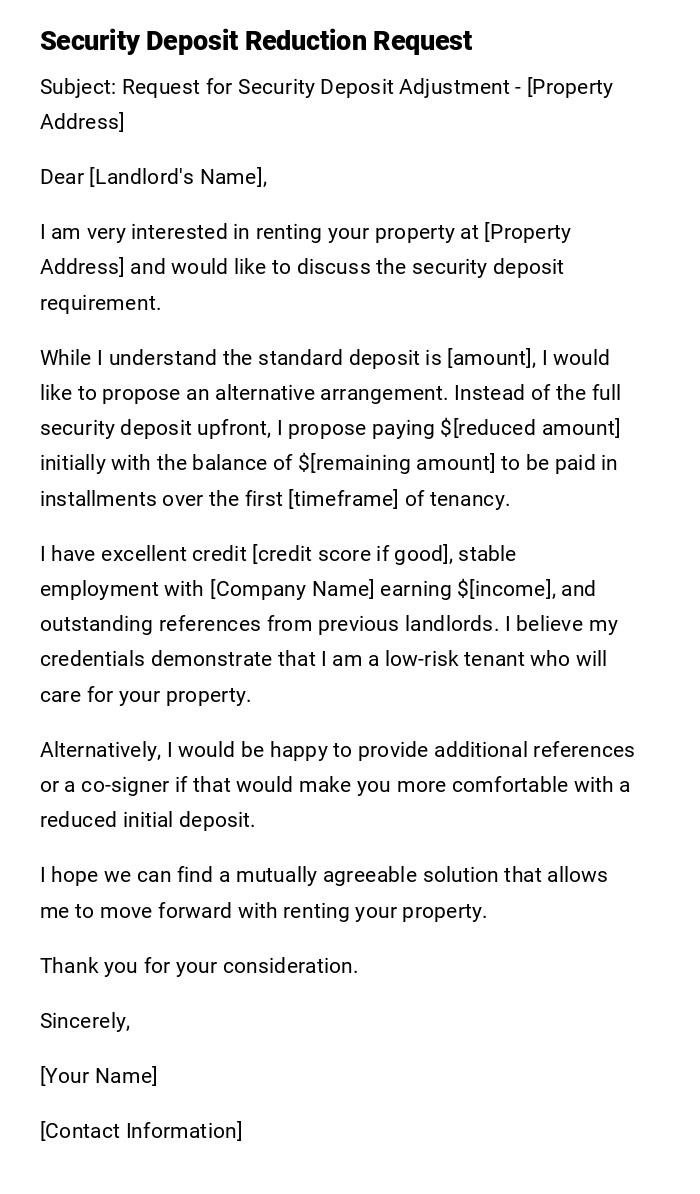 Security Deposit Reduction Request Security Deposit Reduction Request